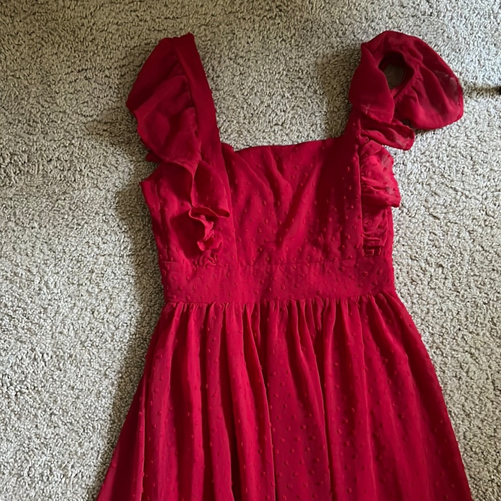 Little Love Red Swiss Dot Backless Ruffled Maxi Dress